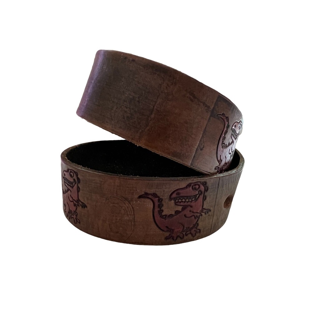 Fiorucci Vintage Kids Brown Leather Red T-Rex  Engraved Logo Belt Size M‎ 24-30 - Picture 3 of 12